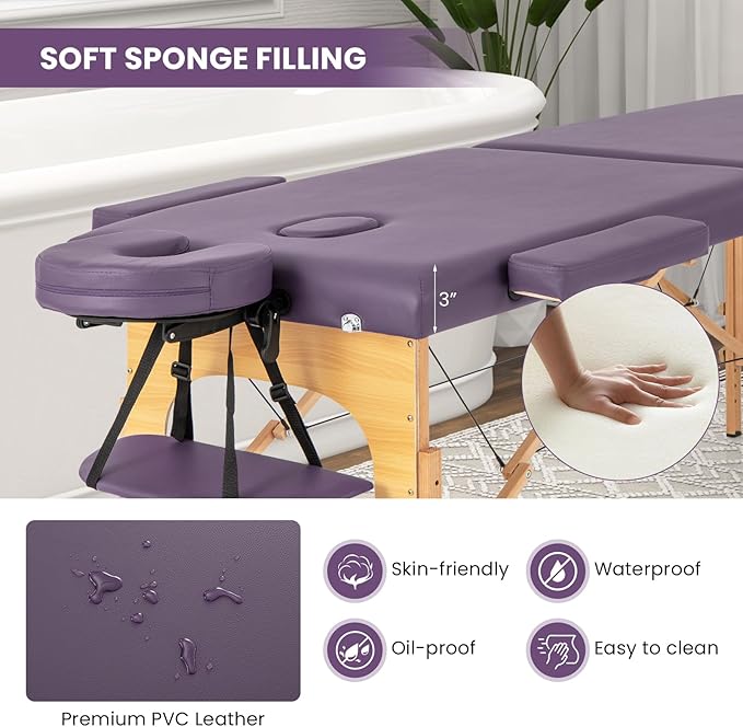 Giantex Massage Table Portable Massage Bed w/Carrying Case 2-Section Salon Spa Facial Care Tattoo Bed Height Adjustable Wood Frame Professional Massage Lash Bed for Eyelash Extension (Purple)