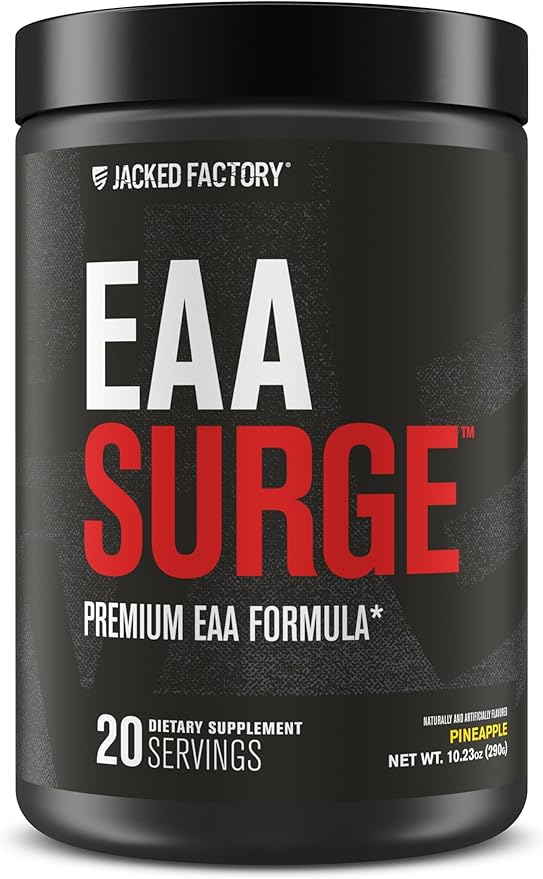 Jacked Factory EAA Surge Essential Amino Acids Powder - EAAS &amp BCAA Intra Workout Supplement w/L-Citrulline Taurine &amp More for Muscle Building Strength Endurance Recovery - Pineapple 20s