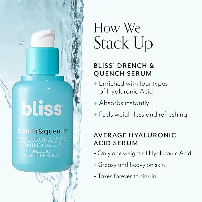 Bliss Hyaluronic Acid Drench &amp Quench Facial Serum ? Hydrating Serum for Dry Sensitive Skin - Lightweight Gel Formula for Deep Hydration &amp Plump Skin - Clean Cruelty-Free - 1 Fl Oz