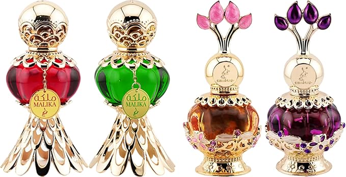 Khadlaj Malika Collection for Women 4 Pc Perfume Oil Set (Red + Green + Pink Musk + Purple Musk) 0.67 Ounce × 4