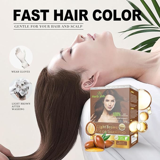 Herbishh Light Brown 3 in 1 Hair Dye Shampoo 500 ML + Travel Size Dye Shampoo pack of 10 30 ML Each - Champu Para Canas Muje
