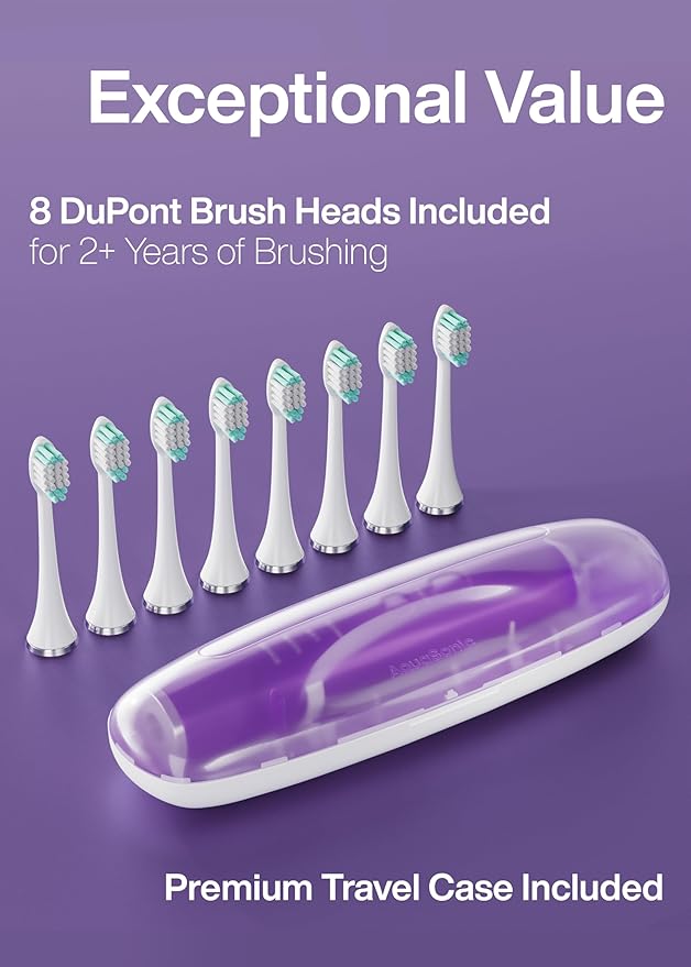 Aquasonic Vibe Series Ultra-Whitening Toothbrush ? ADA Accepted Electric Toothbrush - 8 Brush Heads &amp Travel Case ? 40000 VPM Motor &amp Wireless Charging - 4 Modes w Smart Timer ? Satin Violet
