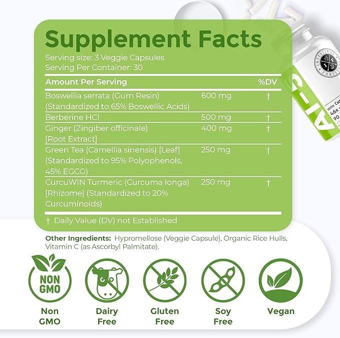 Intestinal Fortitude AI-5 - Digestive Herbal Capsule Supplement w/CurcuWIN Turmeric Curcumin Boswellia Serrata Ginger Root &amp EGCG Green Tea for Gut &amp DigestiveHealth Support Non-GMO Dair