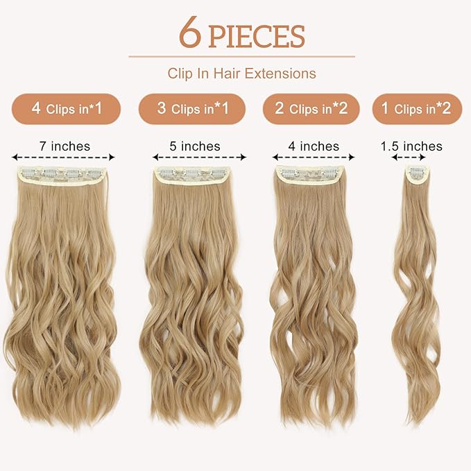 Clip in Hair Extensions for Women Natural Golden Blonde Extensions 20 Inch 6PCS Hairpieces Long Wavy soft Thick Hair Extensions clip ins