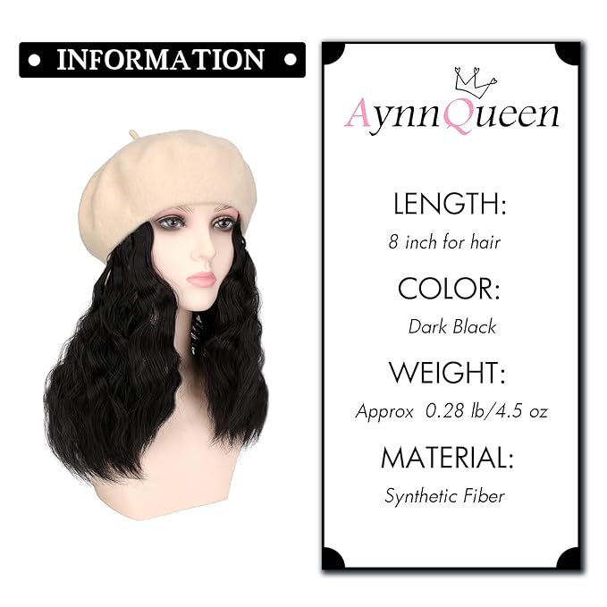 AynnQueen Beret with Hair Extensions for Women Hat with Kinky Curly Synthetic Wig Attached 8 inch Long Curly Hair Apricot Beret (Dark Black)