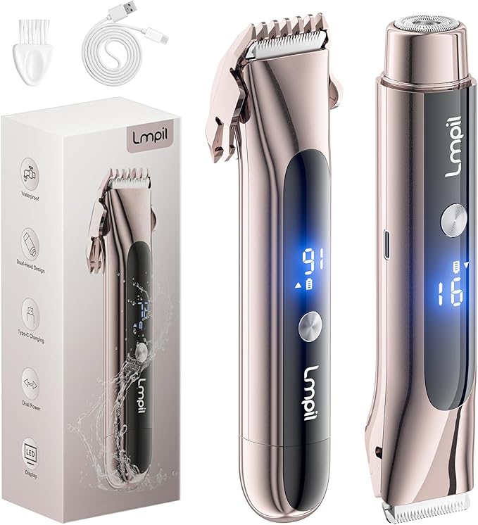 Bikini Trimmer for Women 2-in-1 Electric Razor with Dual Heads Ceramic Blade Waterproof &amp Rechargeable Painless Pubic Hair Shaver for Bikini Underarm Legs Face - PinkGold