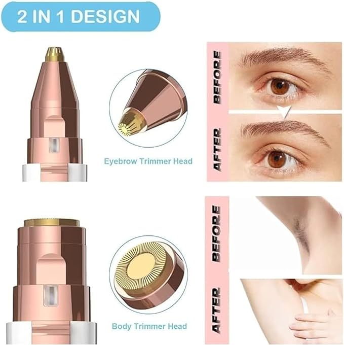2-in-1 Facial Hair Remover for Women ? Rechargeable Eyebrow Trimmer &amp Body Groomer with LED Light Hypoallergenic Blades ? Pain-Free for Upper Lip Chin Bikini Line