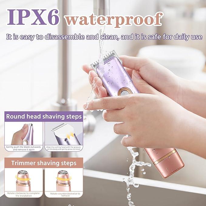 WNJ 2 in 1 Women Electric Shaver - Dual Head Bikini Trimmer - IPX7 Waterproof - Wet &amp Dry Use - Body Hair Trimmer and Facial Hair Remover for Bikini Underarm Leg Private Area Arm Body Face