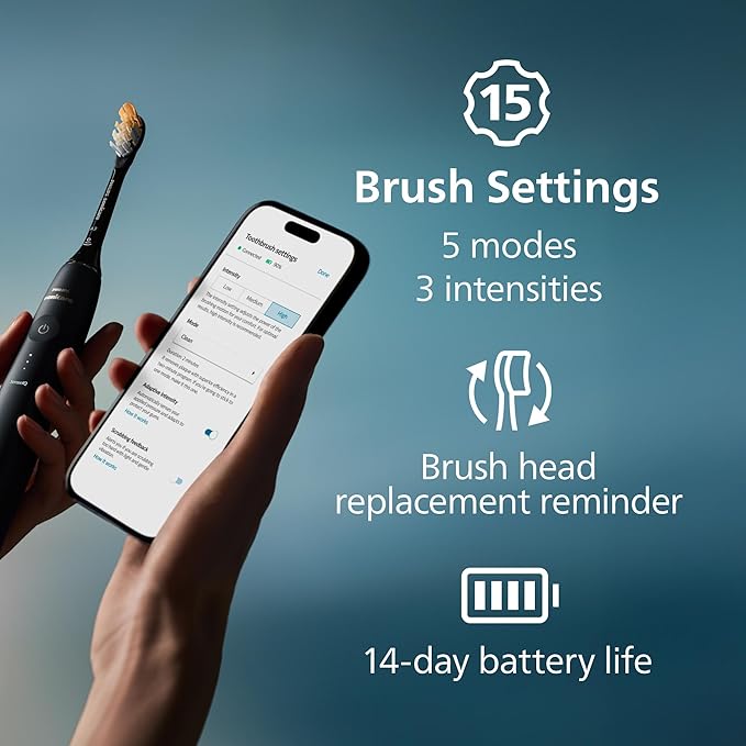 Philips Sonicare DiamondClean 9900 Prestige Electric Toothbrush - with SenseIQ Technology and Advanced AI App 5 Brushing Modes 3 Intensity Levels Charging Travel CaseMidnight Blue Model HX9990/12