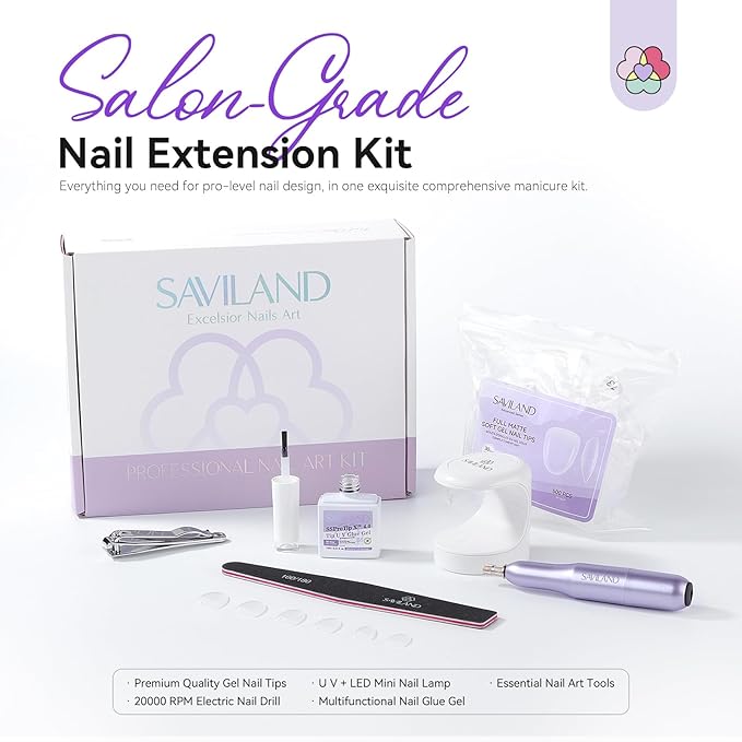 SAVILAND Advanced Gel Nail Kit Almond: 15 Sizes Extra Short Almond Nail Tips with Nail Drill &amp U V Lamp 500 Pcs Salon Grade Full Matte Nail Tips 30-Day Long Lasting Home DIY Beginner