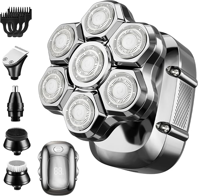 RUIM Head Shavers for Bald Men 7D Magnetic Rotary Electric Razor IPX7 Waterproof for Wet &amp Dry Use with LED Display USB-C Charging &amp 5-in-1 Grooming Kit