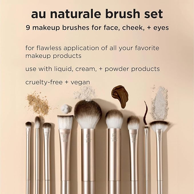 Real Techniques 9 Piece Au Naturale Makeup Brush Set For Liquid Cream &amp Powder Eyeshadow Foundation Blush Bronzer &amp Contour Travel Friendly Brushes Gift Set Cruelty-Free Bristles