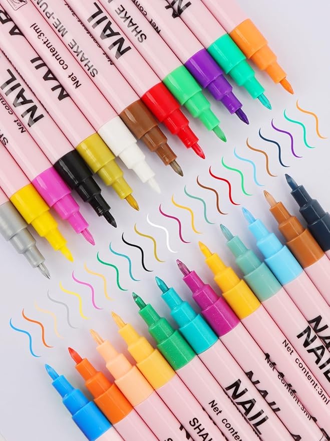 EBANKU 24 Colors Waterborne acrylic ink Nail Art Pens Set 0.7MM Nail Polish Pens Quick-Drying Acrylic Paint Pen Point Dotting Liner Pen Nail Drawing Painting Manicure Tools for 3D Salon Home Nail DIY