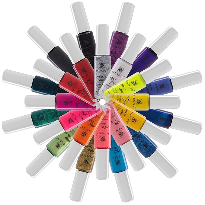 SHANY Nail Art Set Nail Polish - Glitter Metallic Pearls Neon and Matte Nail Polish Nail Art Drawing Decoration Set With Built-in Thin Nail Art Brush - 24 Famous Colors Nail Polish Bulk