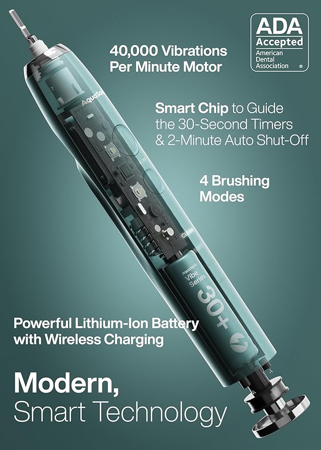 Aquasonic Vibe Series Ultra-Whitening Toothbrush ? ADA Accepted Power Toothbrush - 8 Brush Heads &amp Travel Case ? 40000 VPM Motor &amp Wireless Charging - 4 Modes w Smart Timer ? Mint Green Metal