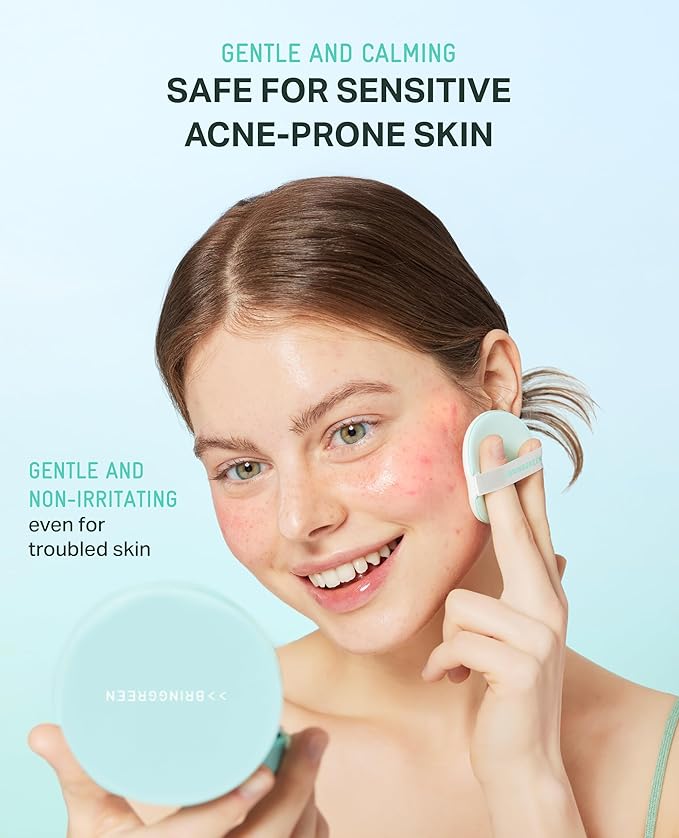 BRING GREEN Tea Tree CICA Facial Sun Cushion SPF 50+ PA++++ | Korean Mineral Sunscreen for Face | Non-Nano Reef-Safe Redness Correcting with Zinc Oxide | Travel Size Sun Protection