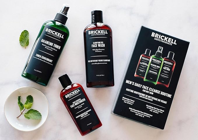 Brickell Men's Daily Face Cleanse Routine for Oily Skin Alcohol Free Toner Gel Facial Wash and Moisturizer Natural and Organic Unscented