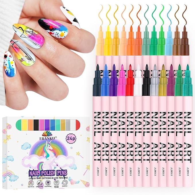 EBANKU 24 Colors Waterborne acrylic ink Nail Art Pens Set 0.7MM Nail Polish Pens Quick-Drying Acrylic Paint Pen Point Dotting Liner Pen Nail Drawing Painting Manicure Tools for 3D Salon Home Nail DIY