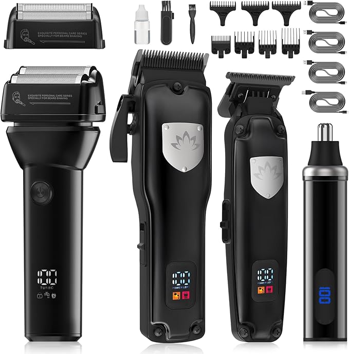 4 in 1 Hair Clippers for Men Professional T-Blade Trimmer Electric Foil Shaver Nose Hair Trimmer Cordless LCD Display Grooming Kit(Black)