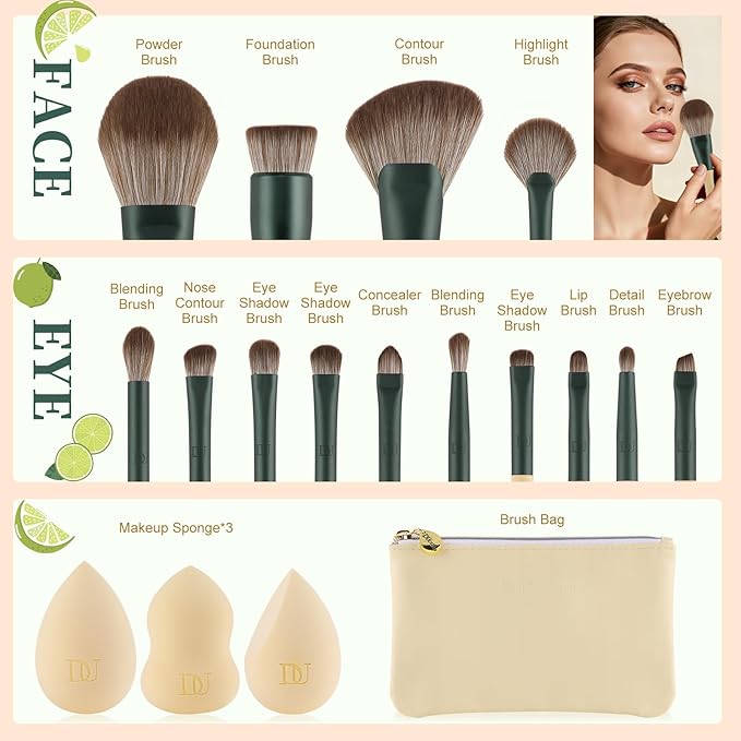 DUcare Christmas Makeup Gift Set 18PCSwith 14pcs Makeup Brush Set 3Pcs Makeup Sponges 1PC Cosmetic Bag for Foundation Blending Powder Blush Concealers Eye Shadows