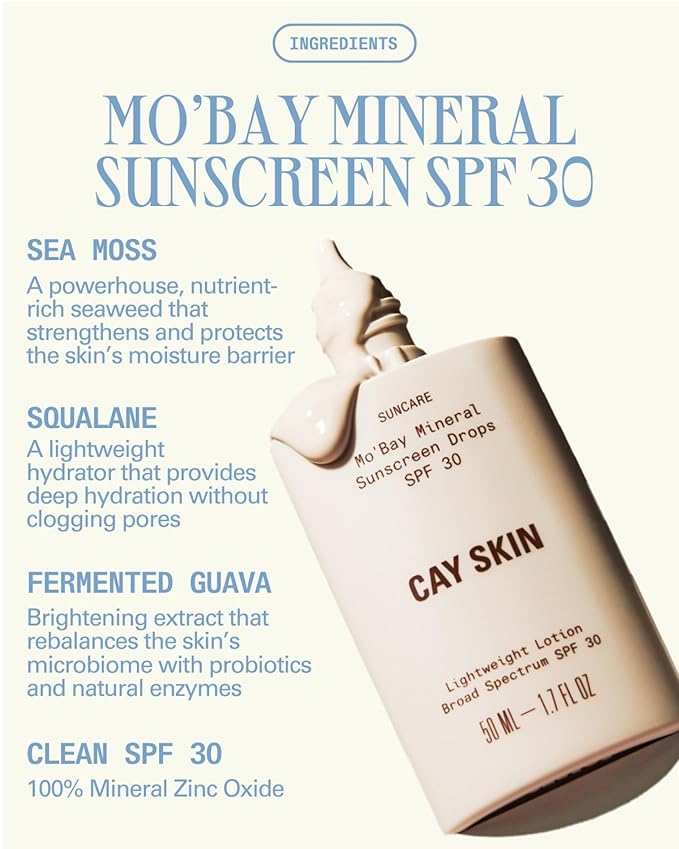 Cay Skin Mo'Bay Mineral Sunscreen Drops SPF 30 ? Broad Spectrum Face Sunscreen &amp Makeup Primer ? Lightweight Moisturizing Reef Safe Lotion with Natural Finish for All Skin Types ? 2-Pack 1.7 oz
