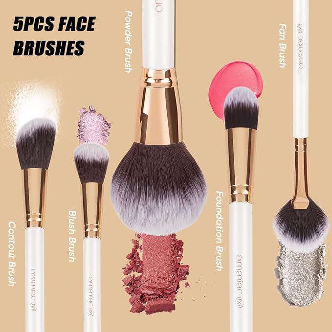 OMANIAC Makeup Brush Set Professional 12 Pearlescent Wood Handle Makeup Brushes Premium Cruelty-Free Synthetic Fiber Hair Travel Make up Brushes Set with Case (White).