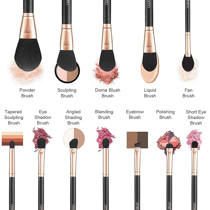 OMANIAC Makeup Brush Set Professional 12 Pearlescent Wood Handle Makeup Brushes Premium Cruelty-Free Synthetic Fiber Hair Travel Make up Brushes Set with Case (Black).