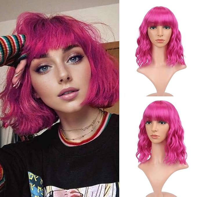 FAELBATY Short Curly Wavy Hot Pink Wigs with Air Bangs Shoulder Length Wig for Women Synthetic Halloween Cosplay Costume for Girl (12 Hot Pink)