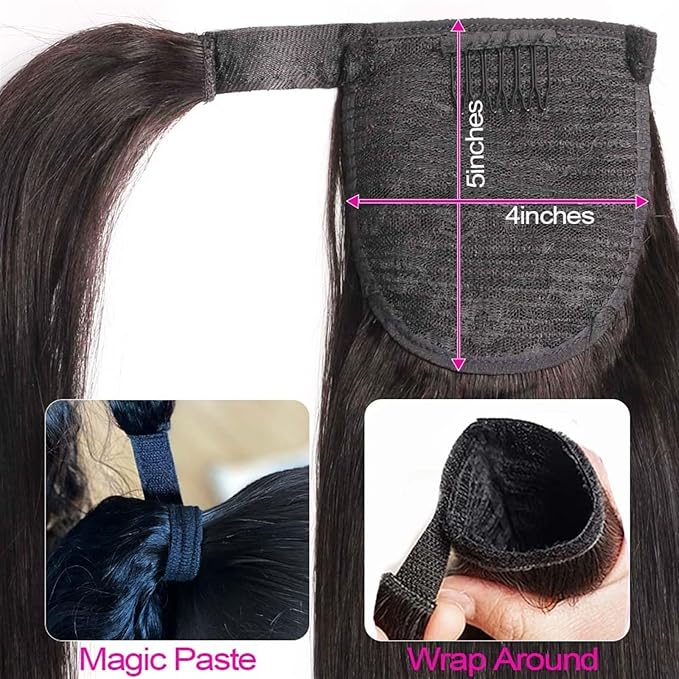 SONGCHAO Fake Hair Bun Long Straight Hair Ponytail Extensions 12-26 Inch Wrap Around Ponytail Brazilian Real Hair Ponytail Black Wig Hair Bun Hair Accessories (Color : Black Size : 26inches 100g)