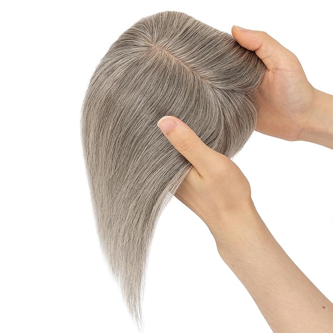 Elailite Hair Toppers for Women Real Human Hair Topper with Bangs Thinning Thin 5.1x2.8 Silk Base Clip in Remy Hairpieces 6 Inch White Blonde mix Grey
