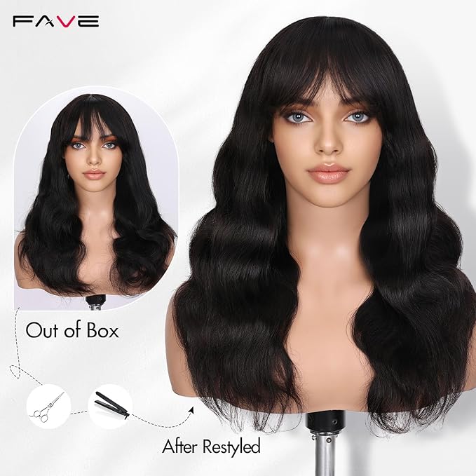 FAVE 18 Inches Natural Wave Human Hair Wigs With Bangs 1 * 3 Hd Lace Top Wigs Human Hair for White Women Wear And Go Glueless Wig for Daily Use