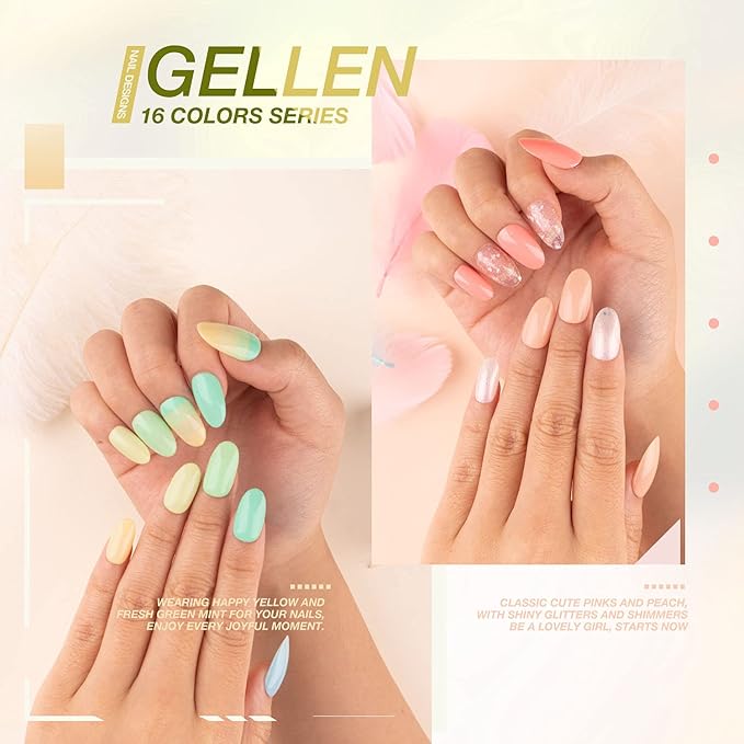 Gellen 16 Colors Gel Nail Polish Kit with Top Base Coat - Fresh Macaron Girly Colors Collection Popular Bright Nail Art Solid Sparkle Glitters Colors Home Gel Manicure Set