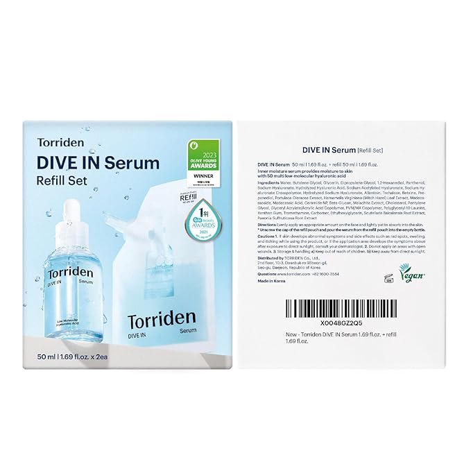 Torriden DIVE IN Serum 1.69 fl oz + refill pouch 1.69 fl oz | Deep Hydration to Get Glow Skin | Hyaluronic Acid Panthenol Allantoin | Korean Facial Serum