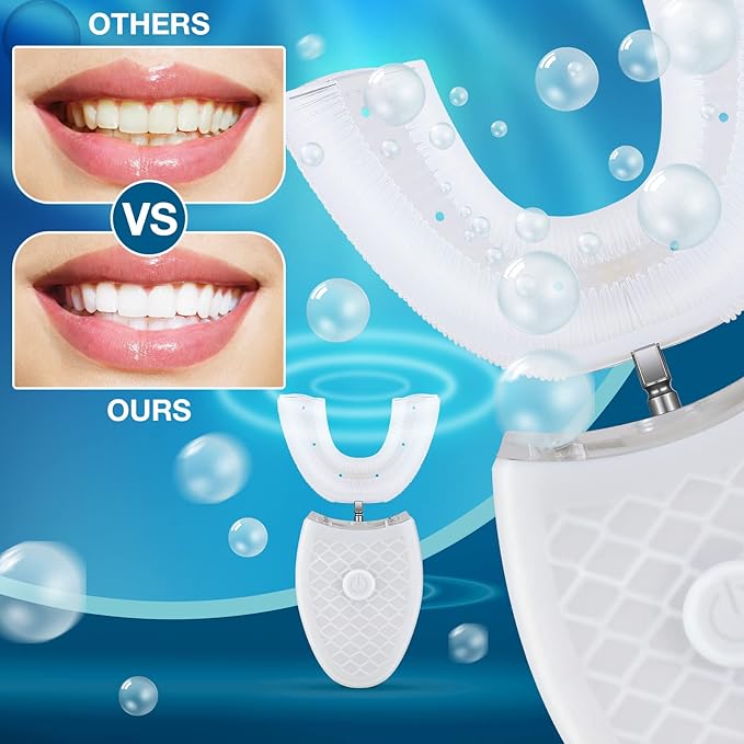 2 Pieces Ultrasonic Electric Toothbrush Adults U Shaped Automatic Toothbrushes for Teeth Whitening 3 Brush Heads Whole Mouth 360 Degree Cleaning Hands Rechargeable IPX7 Waterproof (No Base)