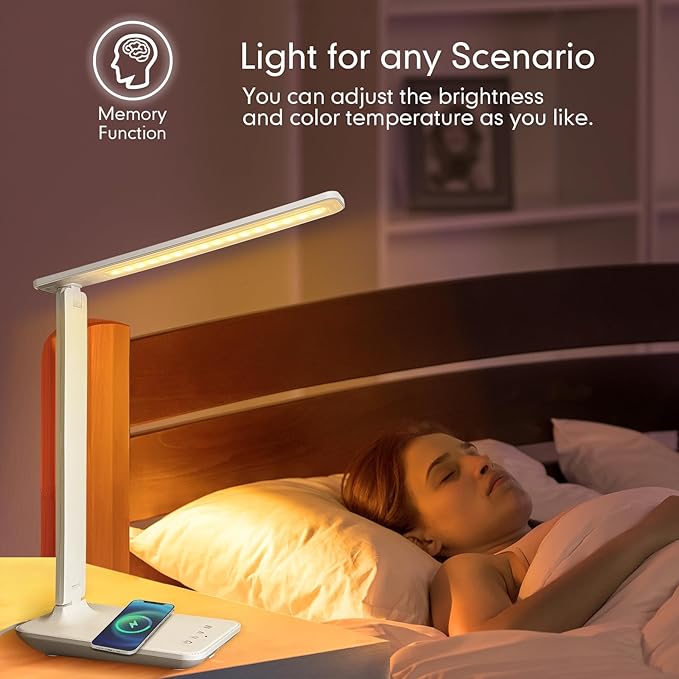 White crown LED Desk Lamp with 15W Wireless Charger &amp USB Port Dimmable Table Lamp with 5 Lighting Modes Sensitive Touch Control Foldable &amp Portable Desk Light for Home Office Bedroom Re