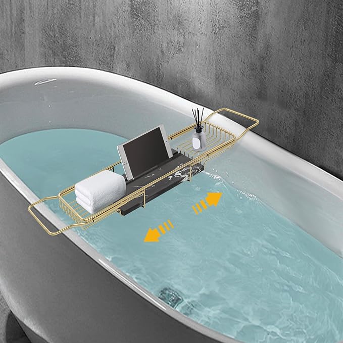 Expandable Bathtub Tray Caddy for Bath Relaxing Bath Table Tub Tray Adjusts from 26.77-35.43 in Ideal for Housewarming Multifunctional Bathtub Bathroom Organizer (Gold + Black)