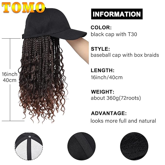 Goddess Box Braiding Baseball Cap Wig Bohemian Curly Ends Box Braids Hat with Braided Hair Extensions for Black White Women Synthetic Braids Hat Wig with Hair Attached (16inch T30)
