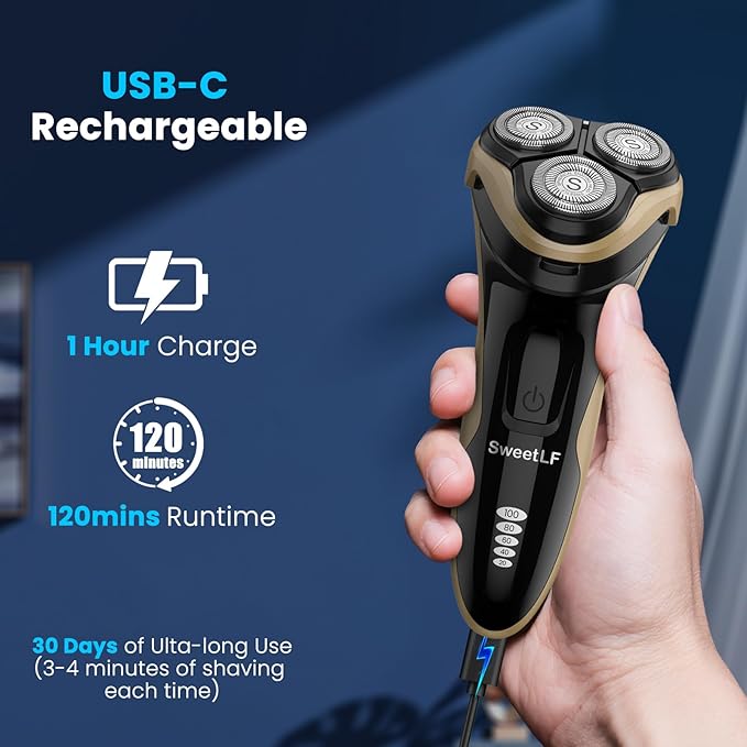 SweetLF Electric Razor for Men with Pop-Up Trimmer IPX7 Waterproof Electric Shaver Rechargeable Cordless Shavers for Men Type-C 120Mins Runtime Plug &amp Play