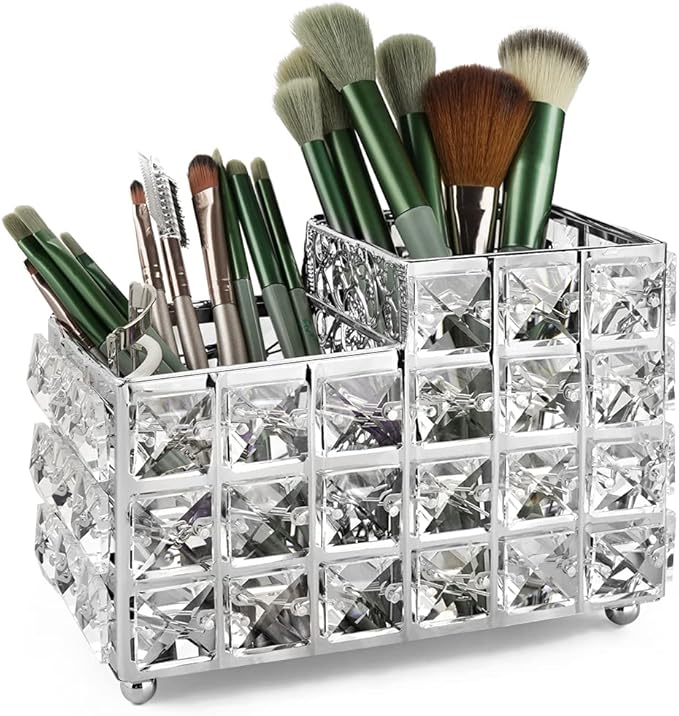 LUEXBOX Crystal Makeup Brush Holder One-Piece Square Brush Organizer Cosmetics Brush Storage Container for Table Dresser Bathroom Bedroom Organization (Silver)