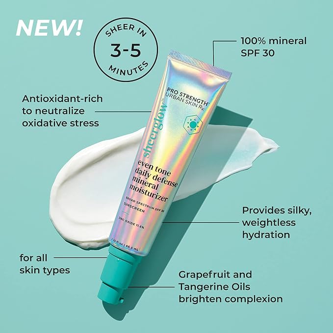 Urban Skin Rx® Pro Strength Sheerglow Even Tone Daily Defense Mineral Moisturizer &amp Broad-Spectrum Sunscreen SPF 30 Weightless Hydration Brightens Complexion Prevents Signs of Aging 2.25 FL Oz