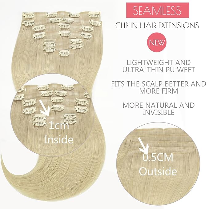 Loxxy Seamless Hair Extensions Clip in Human Hair Long Silky Straight 22inch Remy Human Hair Clip in Extensions Blonde Platinum #60A 150gram 8 Pcs