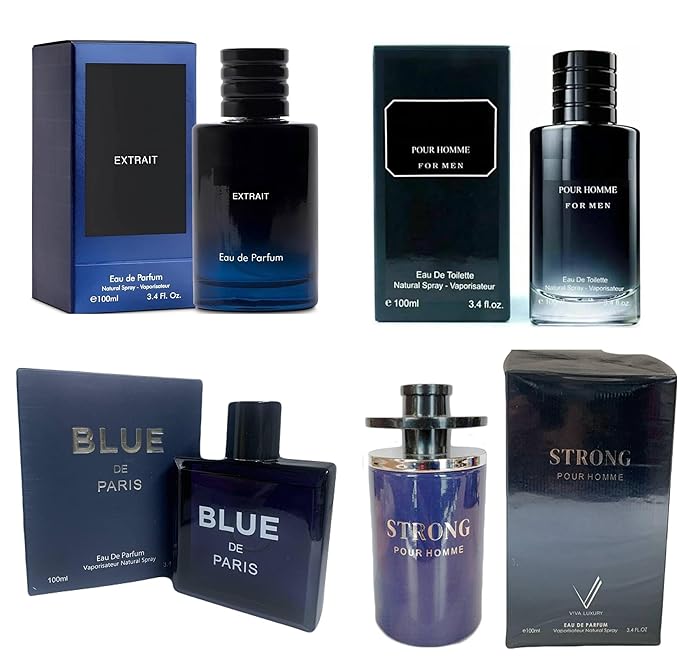 4-Piece Fragrance Gift Set for Men - Strong Extrait Pour Homme and Blue De Paris Aromatic Floral Oriental &amp Woody Notes - 3.4 OZ Eau De Parfum