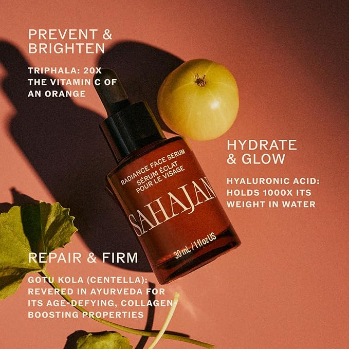 Sahajan Radiance Vitamin C Face Serum with Centella + Hyaluronic Acid | Clinically-Proven Clean Ayurvedic Anti-Aging Facial Serum | All Skin Types | Fine Lines &amp Wrinkles | 1 fl oz
