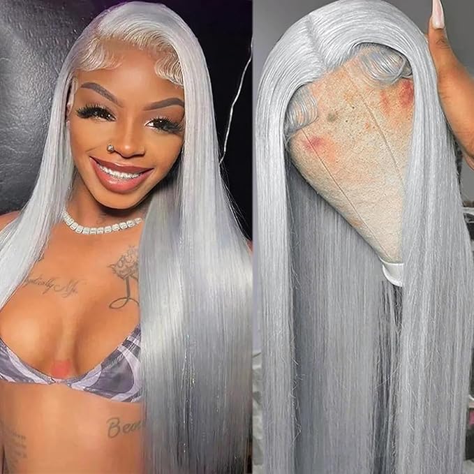 Grey Lace Front Wigs Human Hair 180% Density 13x4 HD Transparent Lace Frontal Wig Real Human Hair Pre Plucked Bleached Knots Gray Silver Color Brazilian Virgin Glueless Wigs for Black Women 20 Inch