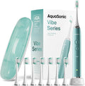 Aquasonic Vibe Series Ultra-Whitening Toothbrush ? ADA Accepted Power Toothbrush - 8 Brush Heads &amp Travel Case ? 40000 VPM Motor &amp Wireless Charging - 4 Modes w Smart Timer ? Mint Green Metal