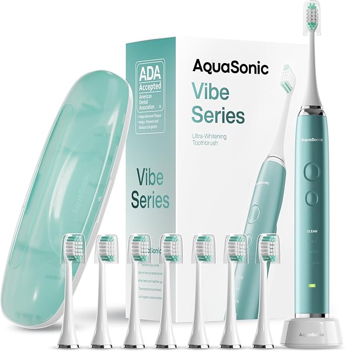 Aquasonic Vibe Series Ultra-Whitening Toothbrush ? ADA Accepted Power Toothbrush - 8 Brush Heads &amp Travel Case ? 40000 VPM Motor &amp Wireless Charging - 4 Modes w Smart Timer ? Mint Green Metal