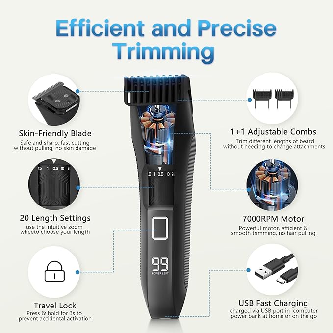 Beard Trimmer for Men 20 Length Adjustable Cordless Waterproof Clippers Stainless Steel T-Blade for Precision Facial Hair Trimming with 2 Guide Combs Travel Lock LED Display