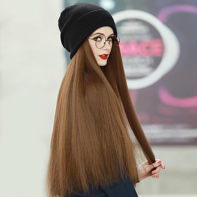 Women Winter Beanie Hat Wig Knit with Long Straight/Wig Wavy Curly Hair Wig Attached 23.6 Inch Synthetic Hairpiece