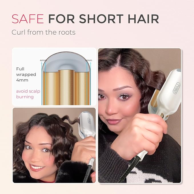 Curling Iron Hair Crimper Waver - TYMO ROVY Beach Waves Curling Wand Ionic Deep Waver Hair Curler Tool with Ceramic 3 Barrel for Women Dual Voltage Anti-Scald Easy to Use Elegant Gold 1 Inch