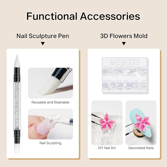 MIZHSE Solid Builder Nail Gel Kit with Nail Drill Clear White 3D Sculpting Gel for NailS Art with U V Lamp Brush for Nails Extension Home Salon DIY Manicure